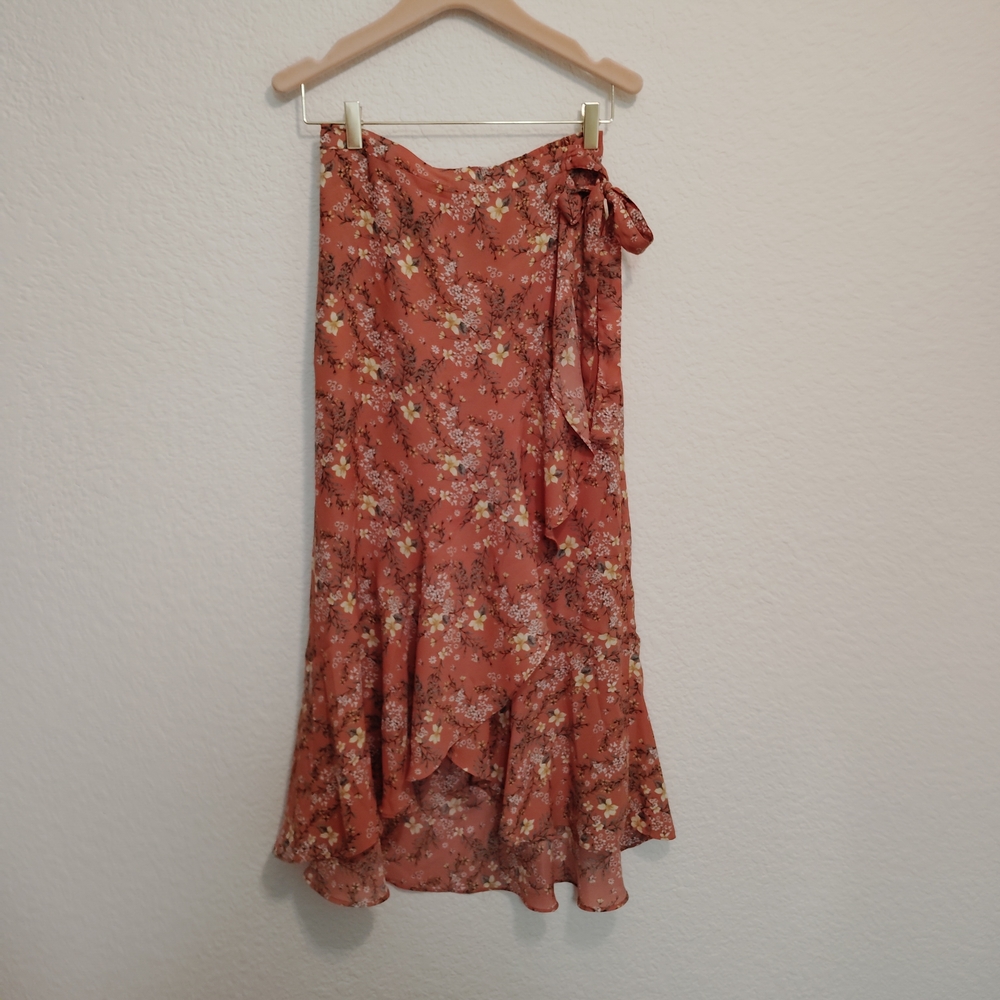 Max Studio Rust Floral High-Low Wrap Skirt